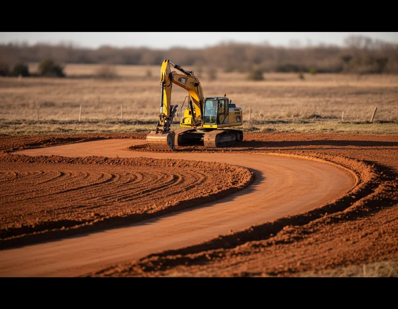 Excavator shaping a graded pad on cleared ground