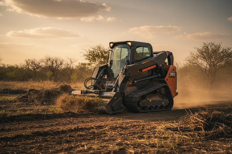 Compact track loader working a brushy fence line