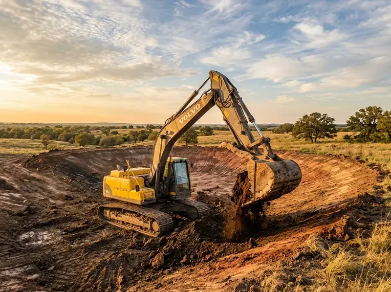 Excavator shaping the basin of a new stock tank
